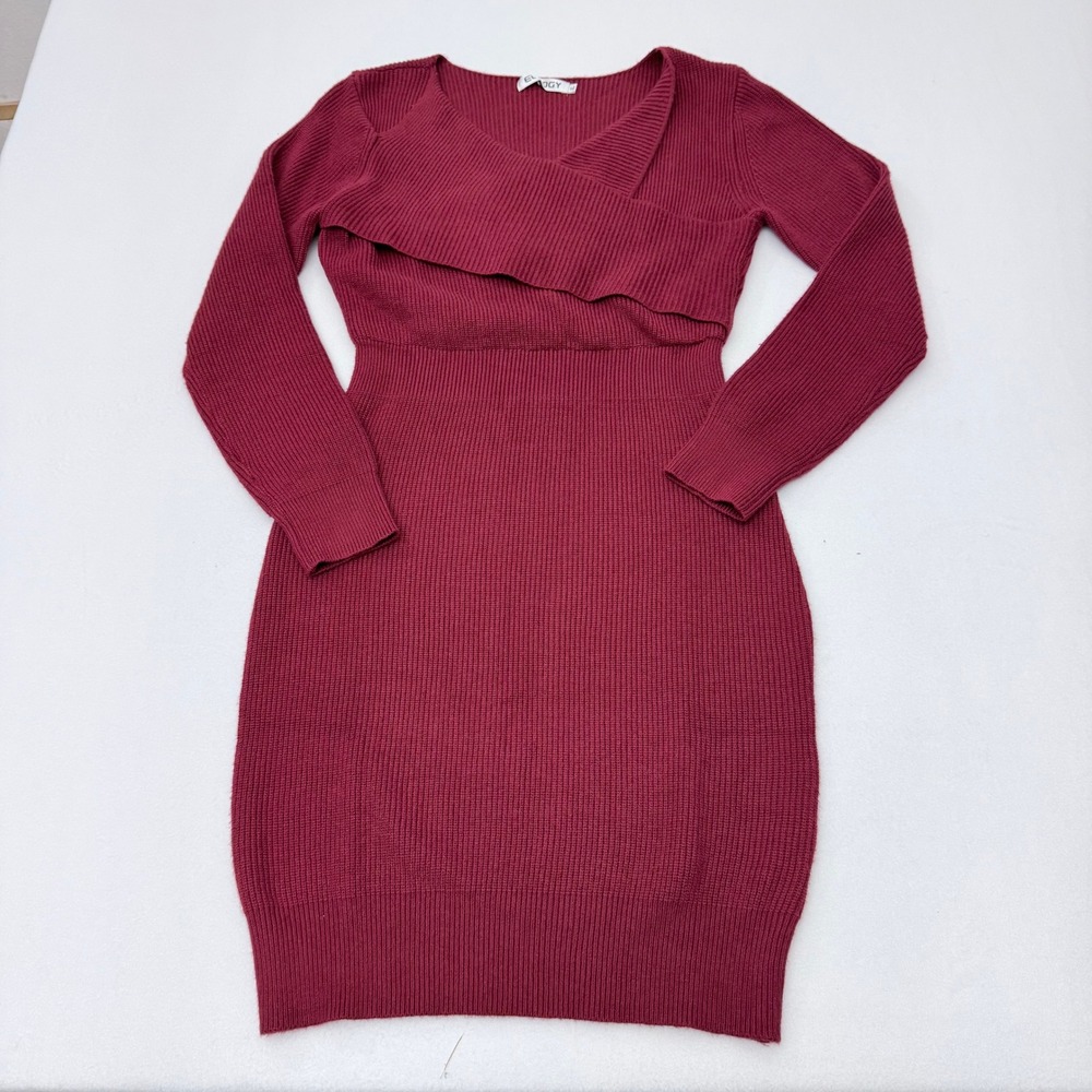 Elgogy Burgundy Ribbed Knit Long Sleeve Wrap V-Neck Bodycon Sweater Dress XL
